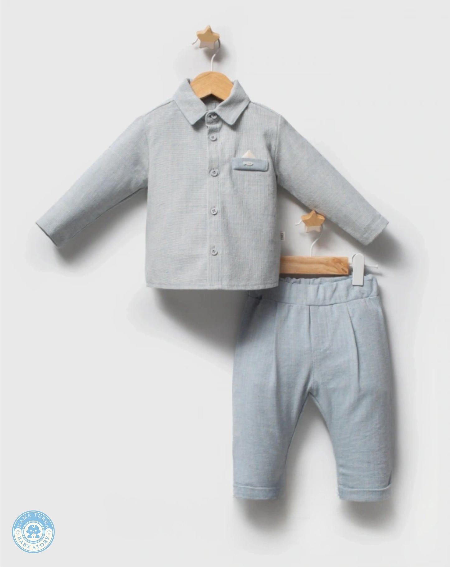 Sky blue baby boy suit set with cotton shirt and trousers on hanger