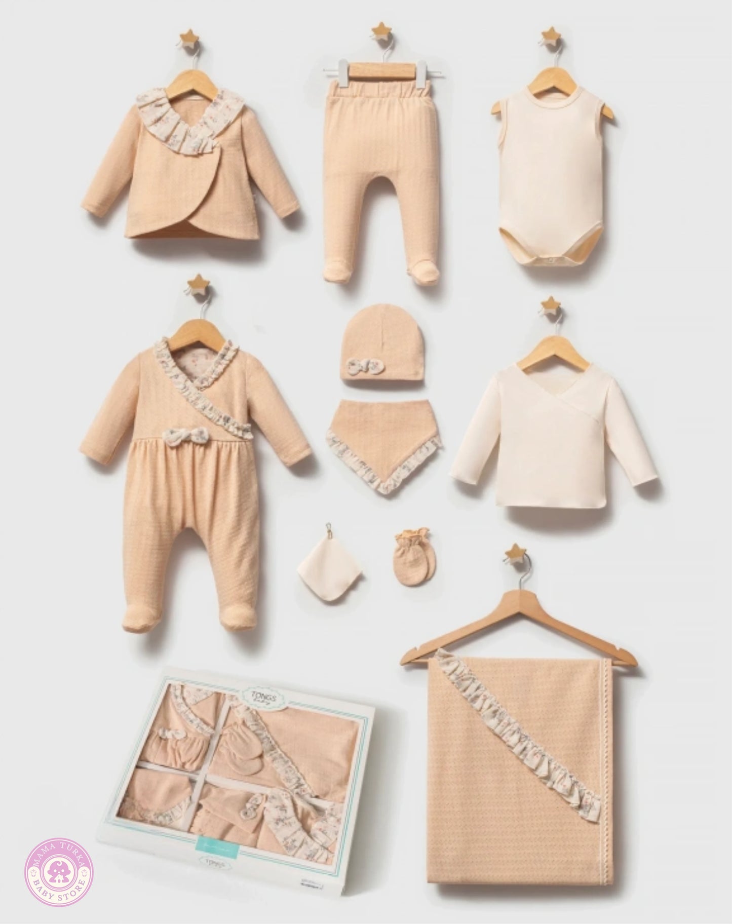 Yellow newborn girl hospital set with blanket, hat and cotton essentials