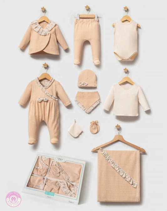 Yellow newborn girl hospital set with blanket, hat and cotton essentials