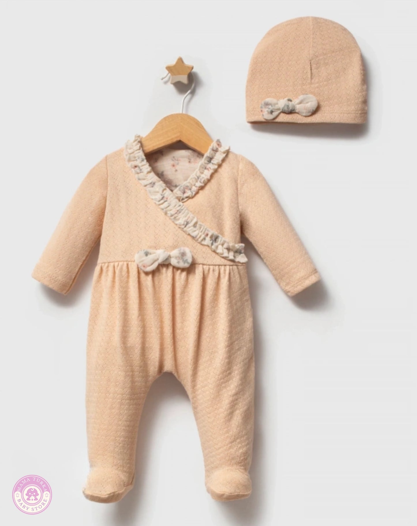 Yellow newborn girl set with matching hat on hanger