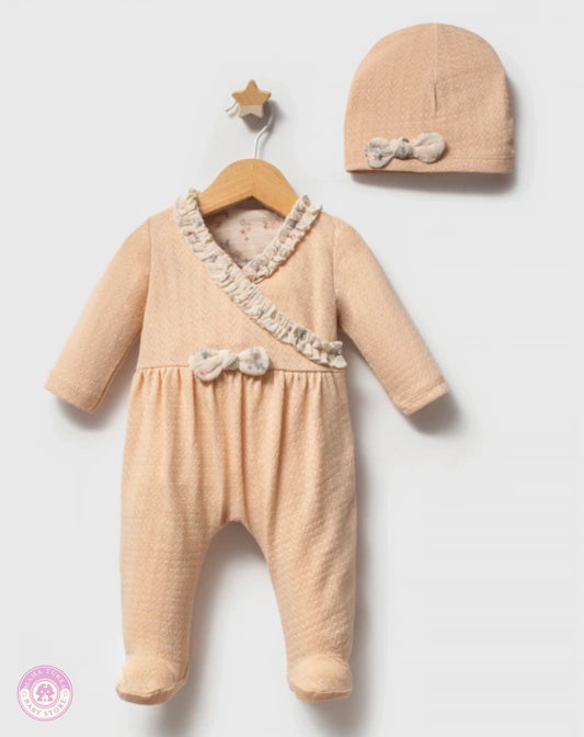 Yellow newborn girl set with matching hat on hanger